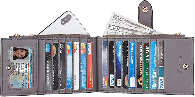 Travelambo Womens Leather Bifold Wallet, Slim RFID Blocking Card Holder | Large Capacity, 16 Card Slots & ID Window, 2 Zipper Pockets, Dual Snap Closure, Slim Lightweight, RFID Privacy Protection