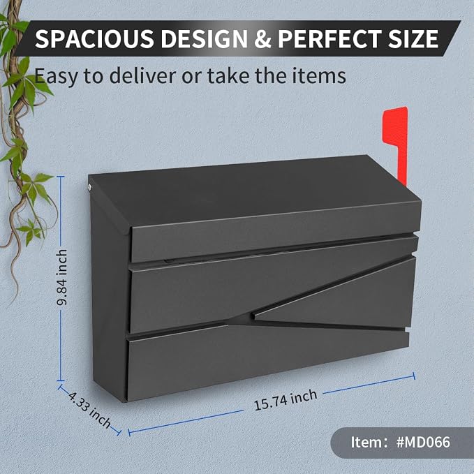 Ydocabinit Wall Mount Mailbox, Large Capacity Mailbox for House, with Flag Kit, Galvanized Steel Rust-Proof Metal Post Drop Box, Mailboxes for Outside, 15.74"×9.84"×4.33", Black Modern Sleek Style