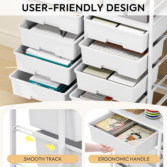 Rolling Storage Cart with 8 Large Drawers, Wooden Tabletop | Open Storage Shelves, Mobile Craft Organizer with Lockable Wheels for Home, Classroom, Office Supplies & Art Studio,White
