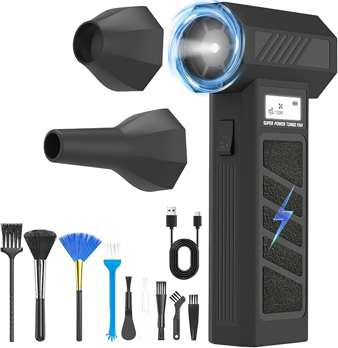 Electric Air Duster - OVVGO Compressed Air Duster Cordless Air Blower Rechargeable, 130000RPM 4-Gear Adjustable Dust Blower with LED Light Portable Duster for Cleaning Computer Keyboard Car Outdoor