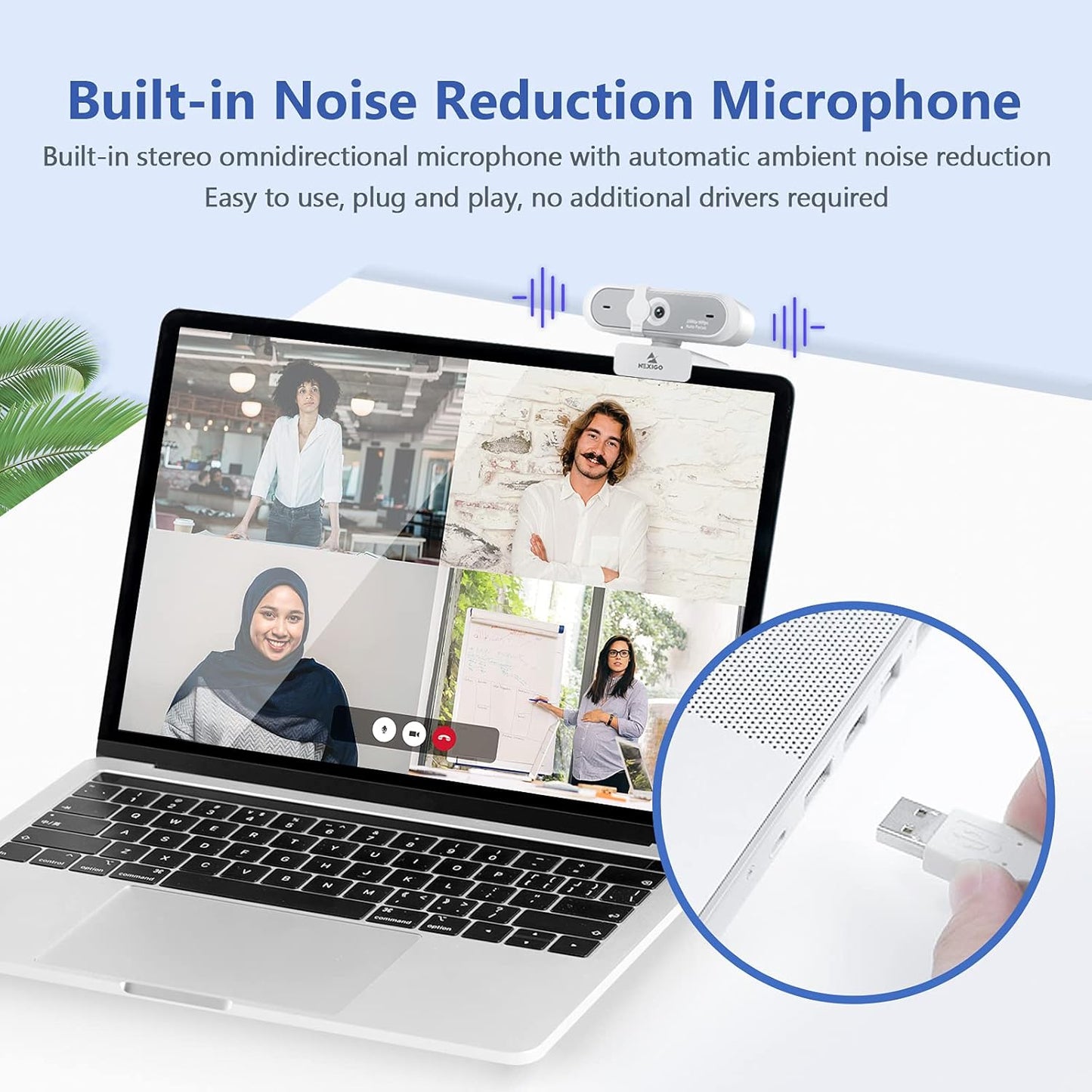 NexiGo N660P (Gen 2) 1080P 60FPS Webcam with Software Control, Dual Microphone & Cover, Autofocus, HD USB Computer Web Camera, for OBS/Zoom/Skype/FaceTime/Teams/Twitch, White