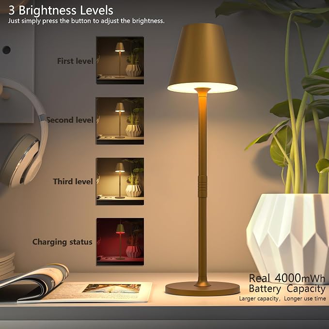 Timjorman 4-Pack Cordless Table Lamps - 5000mAh Rechargeable Battery Operated Desk Lamp, 3-Level Dimmable LED Night Light for Bedroom, Dining, Restaurant - Metal Design (Bronze 4PACK)