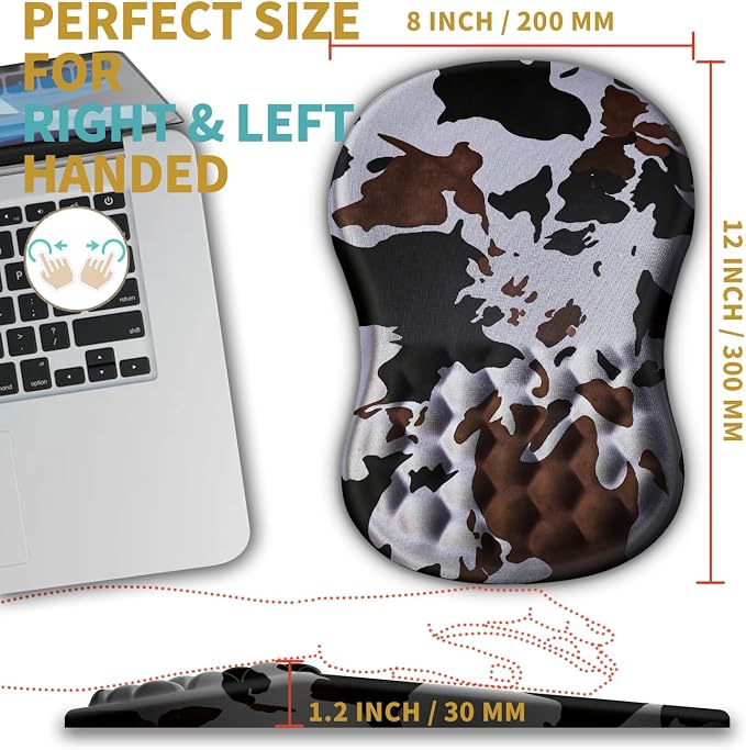 Hokafenle Ergonomic Mouse Pad Wrist Support with Massage Design, Wrist Rest Pain Relief Mousepad with Memory Foam&Non-Slip PU Base, Mouse Pads for Wireless Mouse & Desk (12x8 inch,Cow Print)