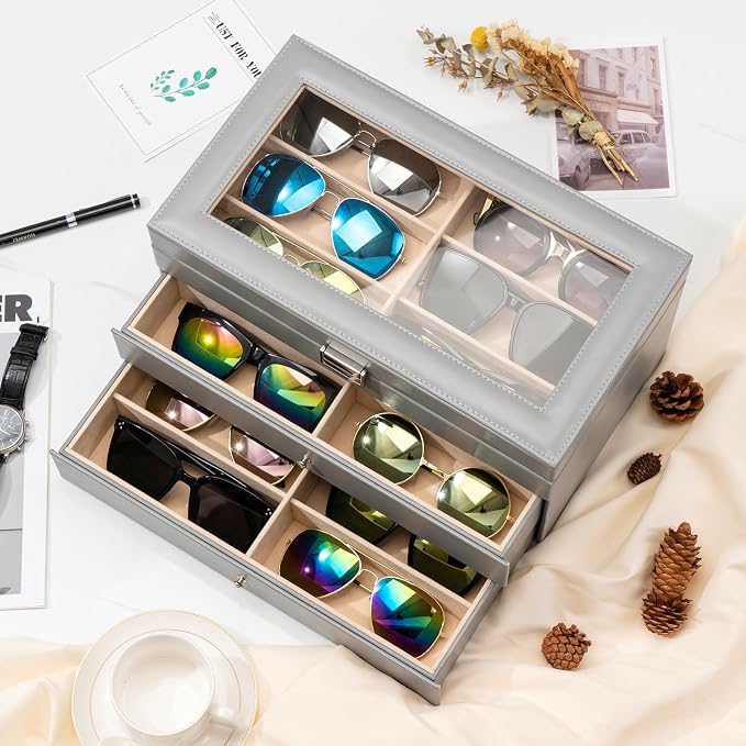 ProCase 3-layer Sunglasses Storage Organizer, 18 Slots Leather Sunglass Box Multiple Pairs Eyeglass Cases Eye Glass Eyewear Display Holder for Men Women, Valentine's Day Gift -Grey