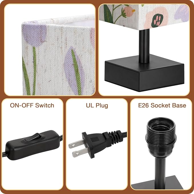 aooshine Small Bedside Table Lamp for Bedroom - Square Floral Fabric Shade | Inline Rocker Switch, Corded Electric, Bulb Not Included, 12.8" Mini Table Lamp for Nightstand, Desk, Dorm, Office