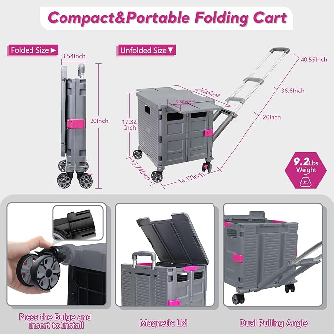 FELICON SELORSS Folding Utility Cart Portable Rolling Crate Handcart-Gray | Adjustable Handle+Extended Magnetic Lid,Storage Basket Box,4 Swivel Wheels Tote for Teacher Move Shop Travel Grocery Office