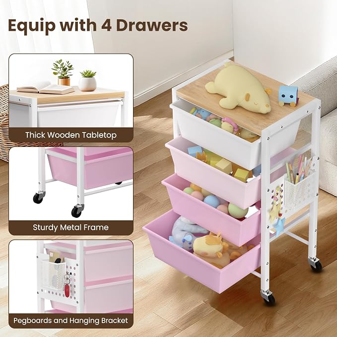 Rolling Cart with 4 Drawers, Plastic Drawer Storage Carts with Wheels & Wooden Tabletop, Metal Utility Cart with Pegboards, Office Living Room Classroom Craft Organization and Storage, Bright Pink