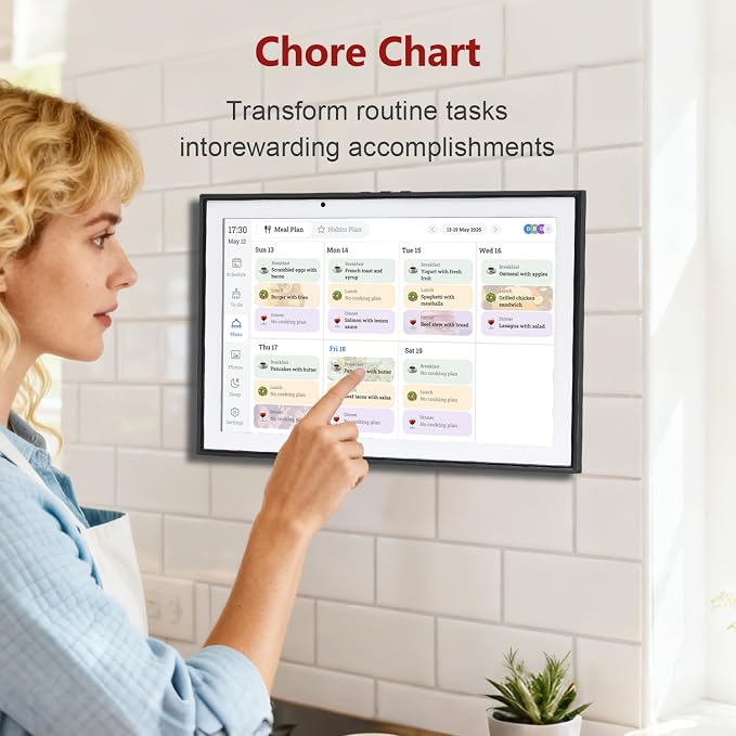 Digital Calendar 10.1 Inch Smart Electronic Planner, IPS Touch Screen, 32GB, Electronic Slideshow, Wall-mounted with Third-Party Calendar Sync, Chore Tracker, Meal Plan & Photo Display, Gifs for Mom