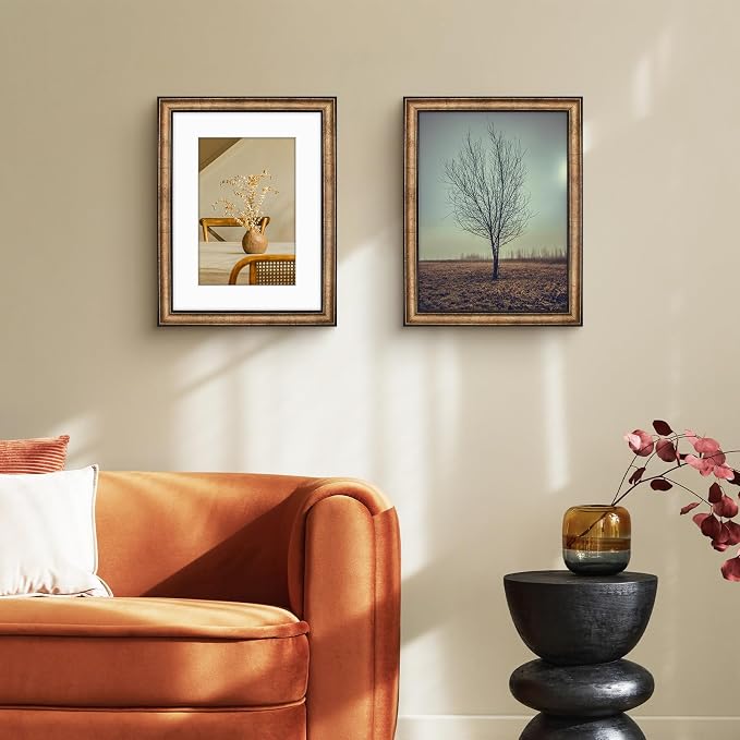 Golden State Art, 12x16 Black Trim Gold Frame - White Mat for 8x12 Photo - Vintage Antique Style - Brushed Texture Finish - Wall Mounting - Portrait/Landscape - Tempered Glass