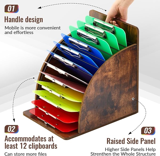 Wonderjune 1 Pack Clipboard Holder Wooden Metal Clipboards Storage Rack with Raised Side Panel, Back to School Supply for Classroom Office School Teacher, Clip Boards Not Included(Black Vintage)