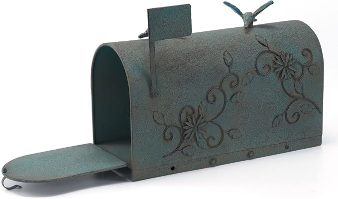 Heavy Duty Galvanized Steel Mailbox Post, Rural Mail Box Postal Storage Box with Bird Decoration (Vintage Green)