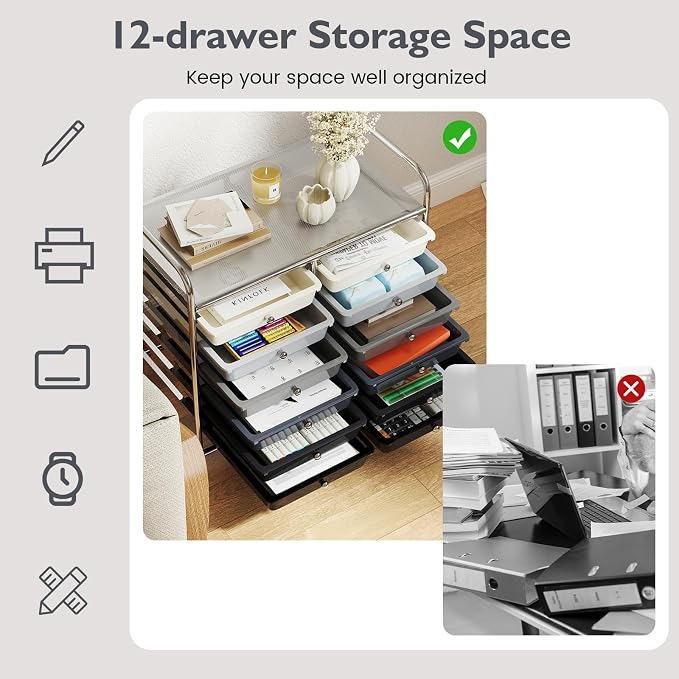 COSTWAY 12-Drawer Rolling Storage Cart, Utility Storage Organizer Cart | For Tools, Scrapbook, Paper, Craft, Multipurpose Art Supply Organizer on Wheels for Home Office School, Teacher, Mixed Black