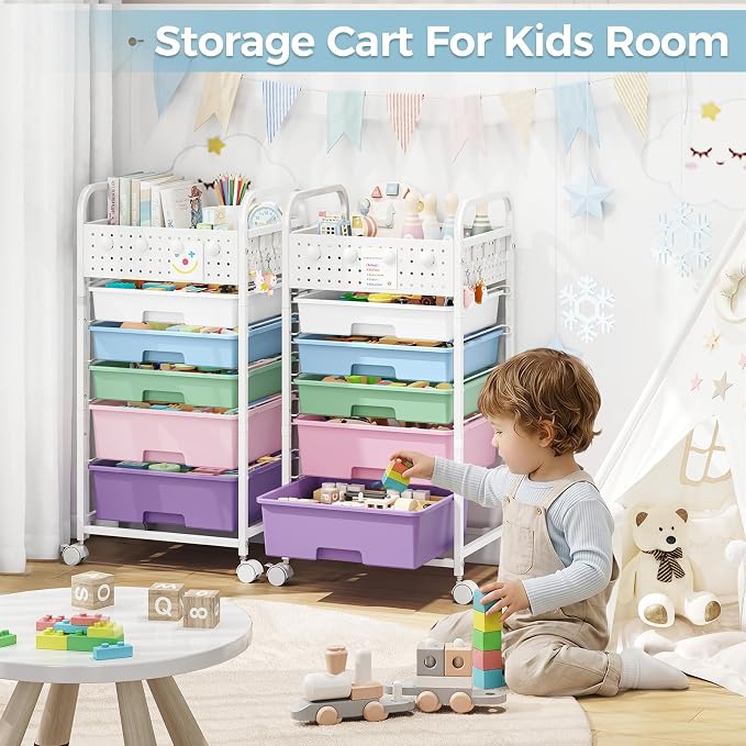 5 Drawer Rolling Storage Cart with Pegboard Top and Hooks, Ice Cream | Mobile Organizer Cart with Wheels for Office Supplies, Craft Storage, Classroom Organization, Home Utility Cart