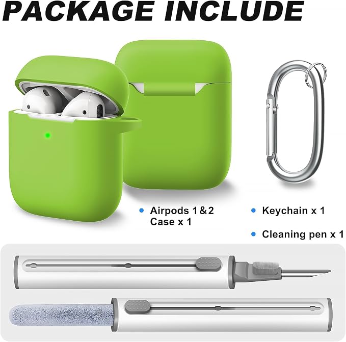 for AirPods Case Cover, Come with Cleaner Kit, Soft Silicone Protective Cover with Buckle, Compatible with Apple AirPods 2nd 1st Generation Charging Case, Front LED Visible, Fresh Green