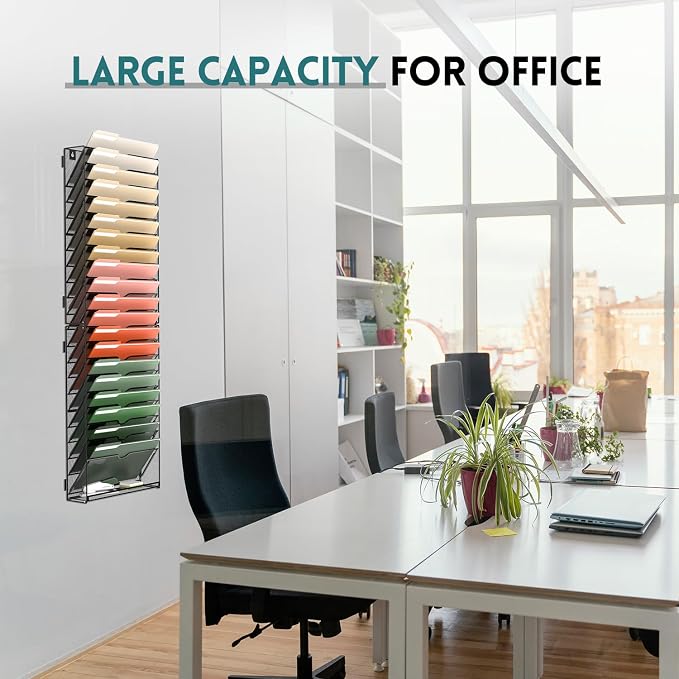 21 Tier Wall File Organizer, Hanging Wall Mounted Mail Organizer with Label Slots, Metal Mesh File Holder Magazine Rack for Office, Home, School or Classroom, Black