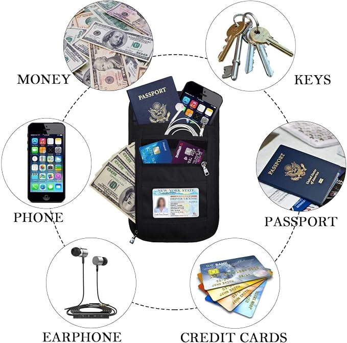 OMYSTYLE Neck Wallet, RFID Passport Holder for Travel, Adjustable Neck Strap, Waterproof Neck Pouch for Men & Women to Keep Cash, Credit Cards and Documents Safe, Black (8x6)