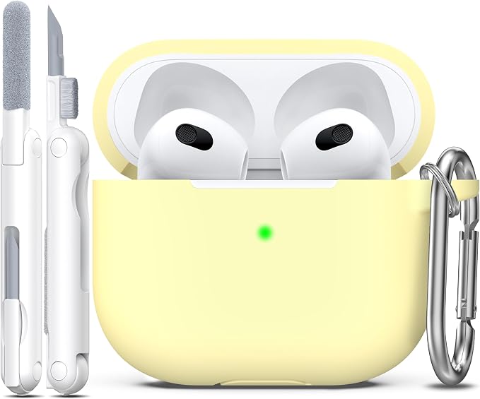 R-fun Compatible with AirPod 3 Case Cover, Silicone Protective Accessories Skin with Keychain Compatible with Apple AirPod 3rd Generation 2021 for Women Men Girls Boys,Front LED Visible,Cream Yellow