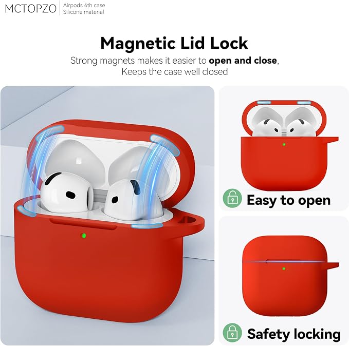 for AirPods 4 Case 2024 with Cleaner Kit & Keychain-Magnetic Red | Silicone Protective Cover for Apple AirPods 4th Generation Case,for Women Men,One-Piece Design,Shockproof,Dust Proof,Magnetic