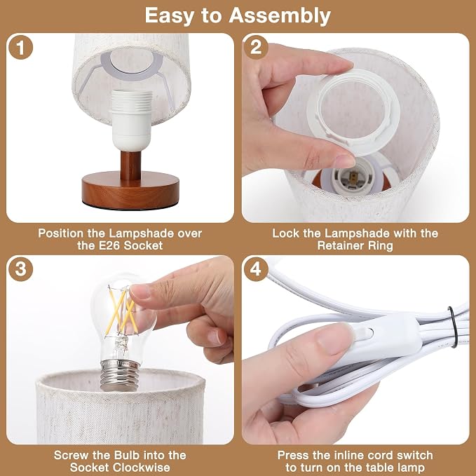 Small Table Lamps (Cream Shade - Walnut Base, 9" Inline Control) | 3000K LED Blub Included | 680 Lumens | Easy Assembly | Minimalist Design | E26 | for Kitchen | for Kids Room