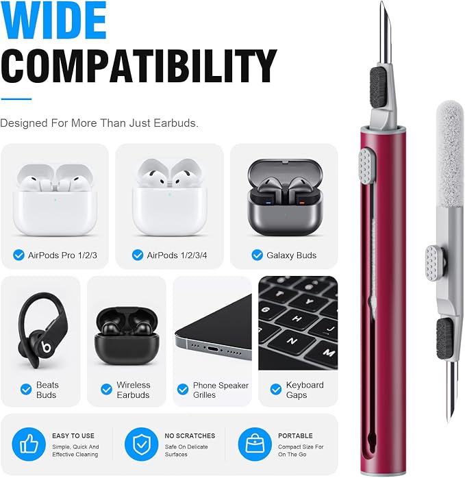 Hyashee Cleaner Kit for Airpods Pro 1 2 3 Multi-Function Cleaning Pen with Soft Brush Flocking Sponge for Bluetooth Earphones Case Cleaning Tools (Red)