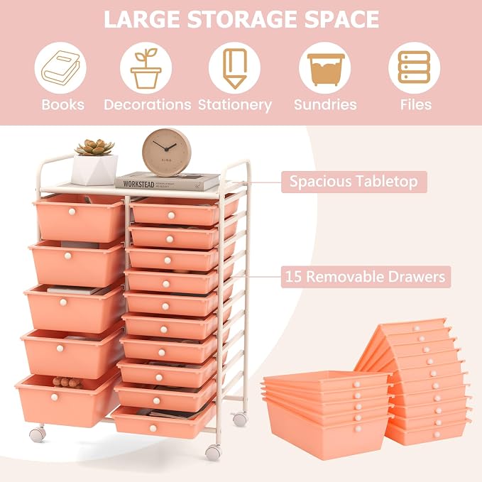 RELAX4LIFE 15-Drawer Storage Drawer Carts - Mobile Rolling Utility Cart w/Wheels, Craft Organizer for Classroom Organization and Storage, School, Office, Home, Storage Organizer Cart (Pink)