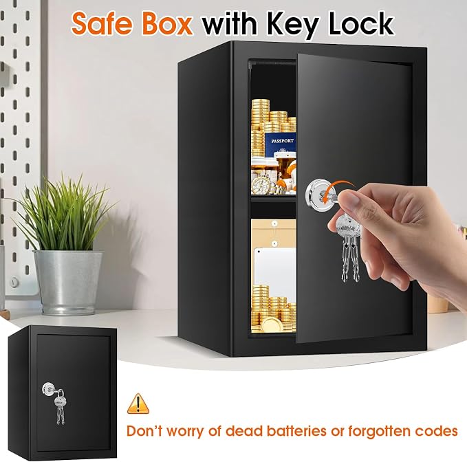 2.6 Cubic Feet Fireproof Safe Box with Key Lock, Hidden Steel Security Box with Removable Shelf for Cash, Documents and Passports, Personal Safes for Home/Office, 13.78" W x 12.99" D x 16.54" H