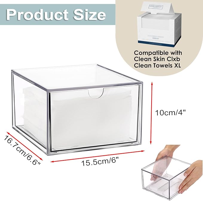 Sumnacon Disposable Face Towel Holder Clear Plastic Facial Towels Holder | Face Towels Case Organizer with Drawer Storage Compatible with Clean Skin Cluub Towel for Bathroom Vanity