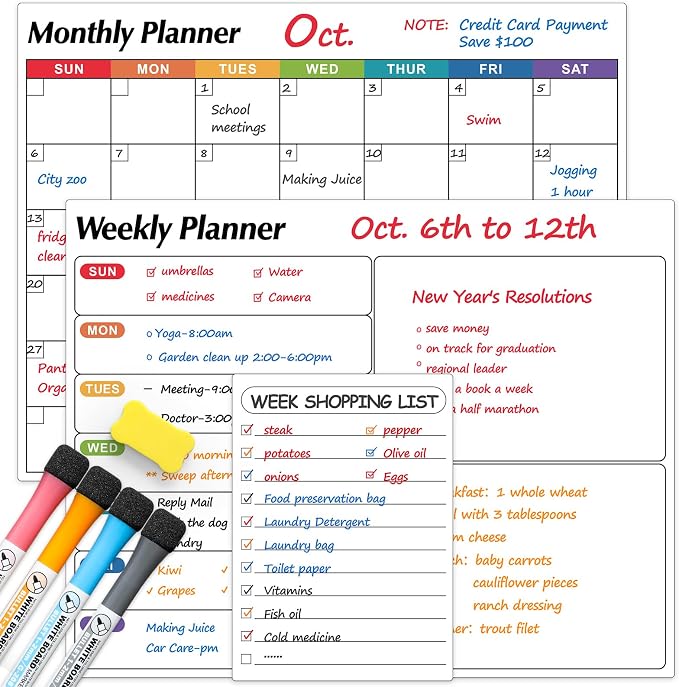 Dry Erase Magnetic Calendar for Refrigerator, 3 Pack- Monthly & Weekly & Daily Planner Magnet Whiteboard for Fridge Wall Door - Shopping, Meal/Menu, to Do List, Family Schedule Planning Board (D)