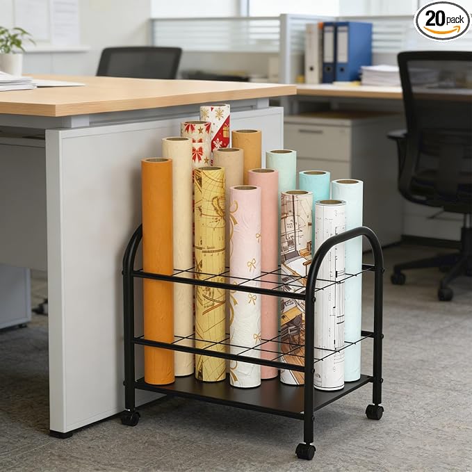 Blueprint Storage Holder with Wheels – 20-Slot Metal Roll File Rack with Silent Casters & Brakes for Blueprints, Wrapping Paper, Posters, Maps – Mobile File Cart for Office & Home (Black)