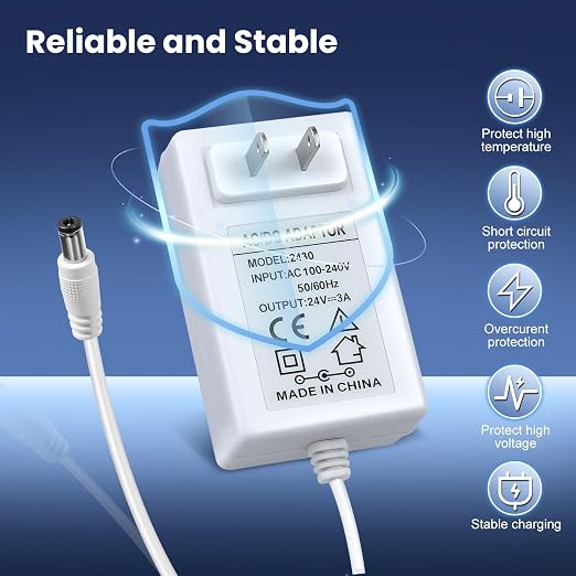 24V 3A Power Supply 72W, 24 Volt DC Power Adapter with On/Off Switch, 110V AC to 24V Transformer Plug with 5.5x2.1mm DC Female Connector for LED Strip Lights