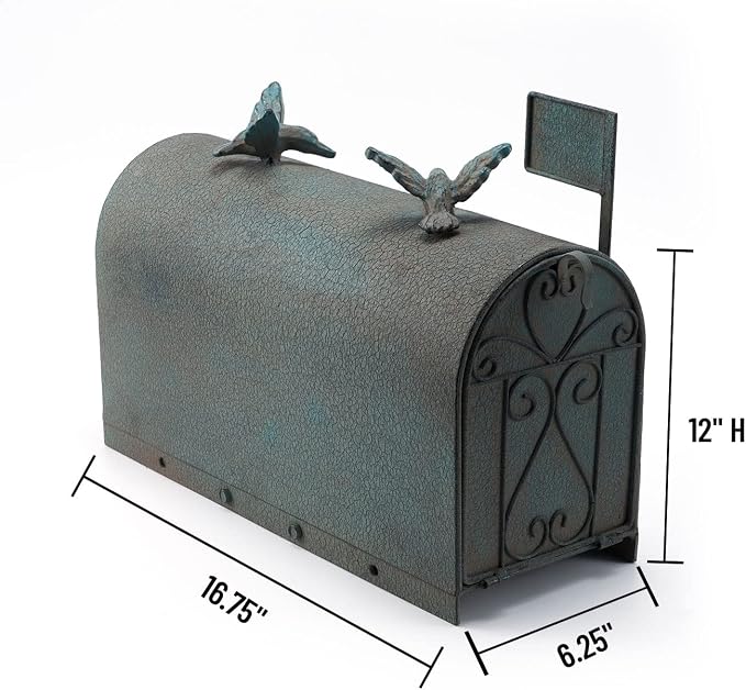 Heavy Duty Galvanized Steel Mailbox Post, Rural Mail Box Postal Storage Box with Bird Decoration (Vintage Green)