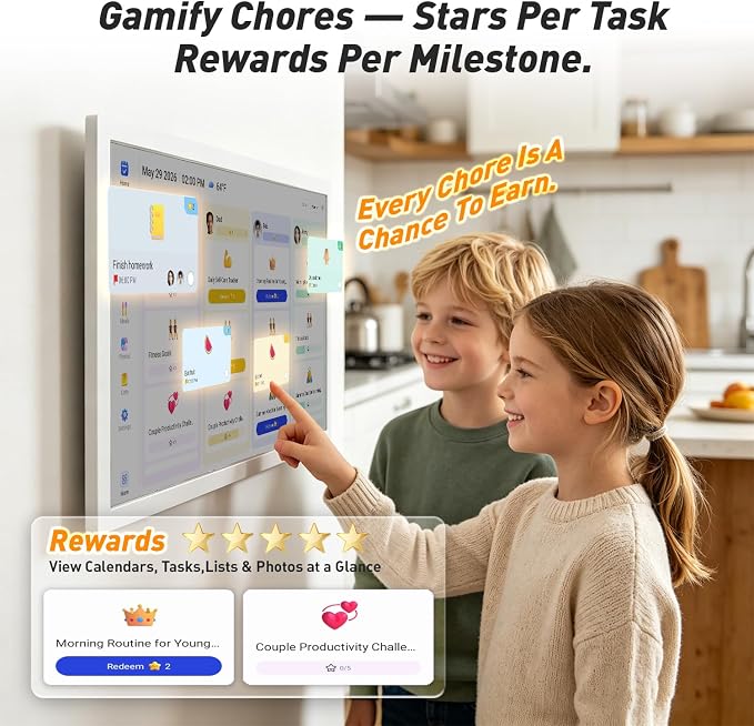 27" Digital Picture Frame Electronic-Calendar-WhiteBoard-Schedules – eCalendar FHD Touchscreen Display, Meal Planner, Auto-Sync Online Calendars, Chore Chart, Star Rewards, Wall Mount, Gifts for Mom