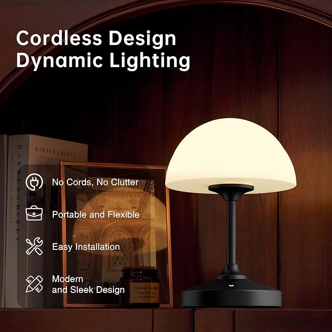 Mushroom Lamp Cordless Lamp Table Lamp,Outdoor Waterproof Shower Lamps,5000mAh Rechargeble Battery Operated Dimmable Touch Desk Lamps,LED Night Light for Bathroom Patio Camping Outdoor(Black)