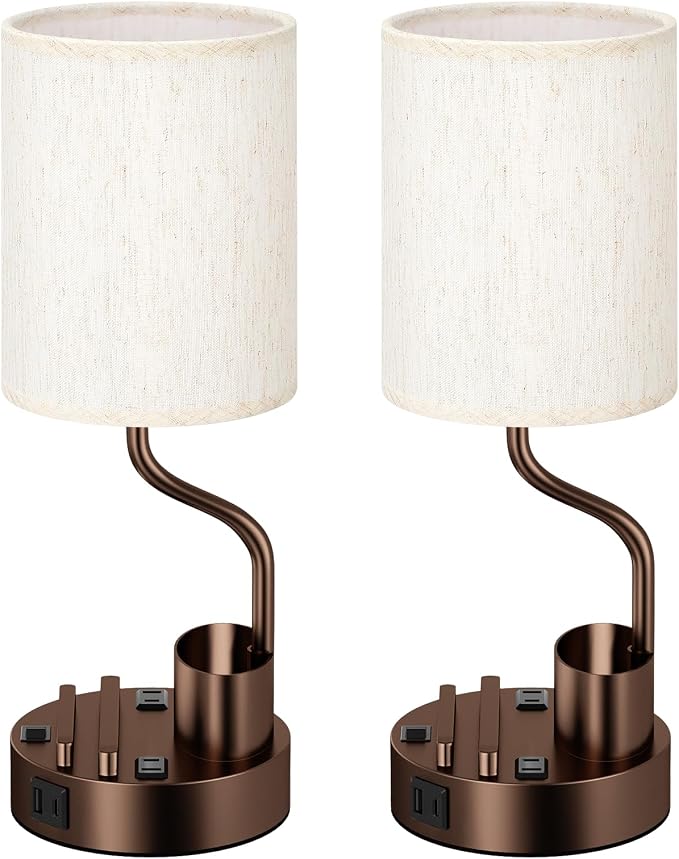 Bedside Lamps for Bedroom Set of 2 - Table Desk Lamp for Nightstand | 15" Table Lamp for Living Room with Pen Holder & Phone Stand, USB A+C Port, AC Outlet, 3 Color Temperature, LED Bulb Included