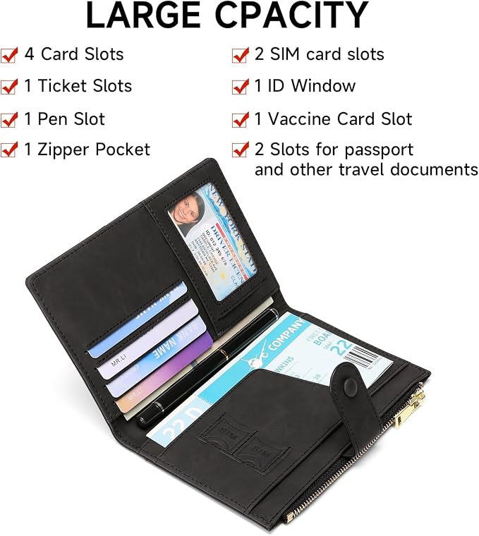 RFID Blocking Leather Passport Wallet Cover Case with Pen and Card Slots Travel Wallet for Women/Men Travel Must Haves Accessories