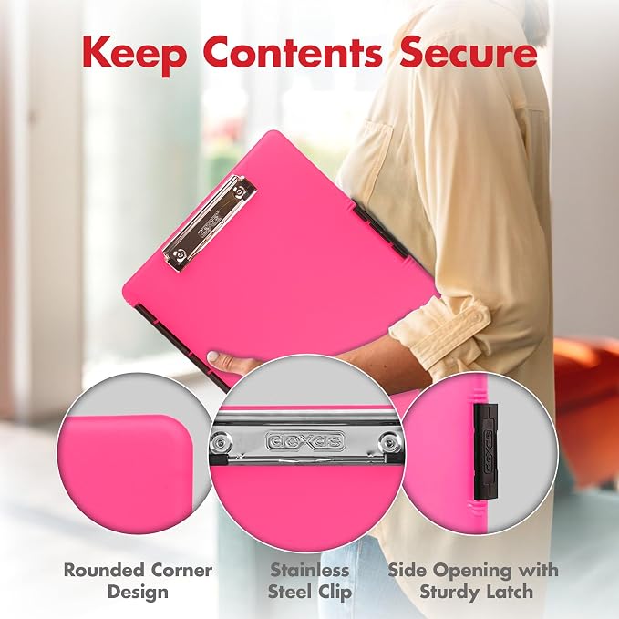 Dexas Slimcase 2 Plastic Clipboard with Storage and Side Opening, Neon Pink, Office Supplies Clipboards to Organize, Carry and Store, A4 Holder, Style and Functionality Nursing Clipboards