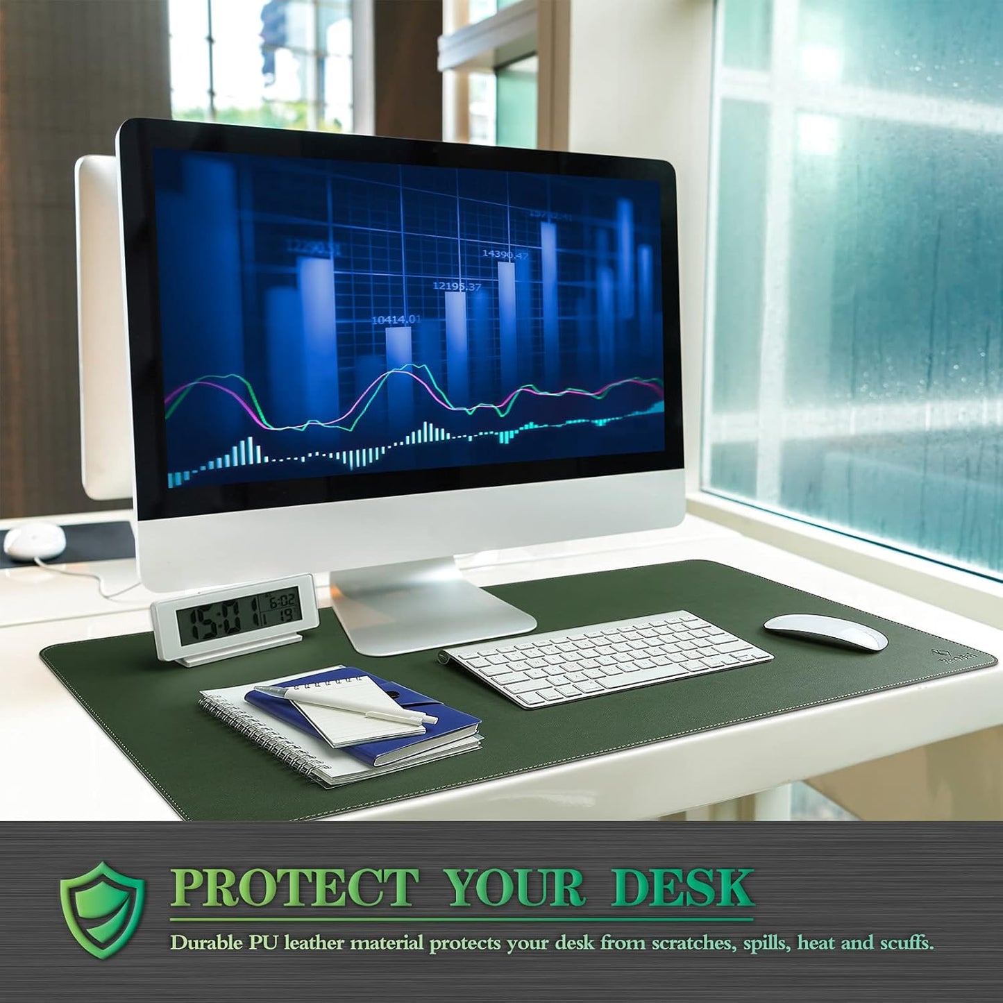 K KNODEL Desk Mat, Blotter, Dual-Sided Office Desk Pad, Waterproof Desk Mat for Desktop, Desk Blotters, PVC Leather Pad Protector (Dark Green, 31.5" x 15.7")