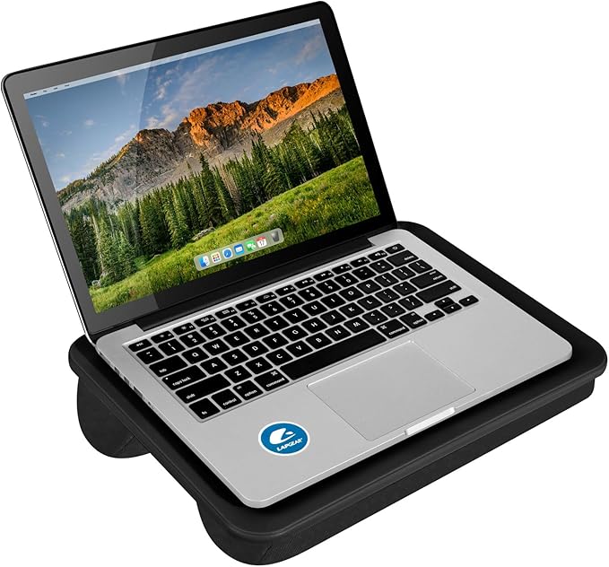 LAPGEAR Compact Lap Desk – Black, Fits 14" Laptops | Microbead Cushion, Built-In Pencil Slot, Carry Handle, Fits Standard Letter-Size Paper (8.5" × 11")
