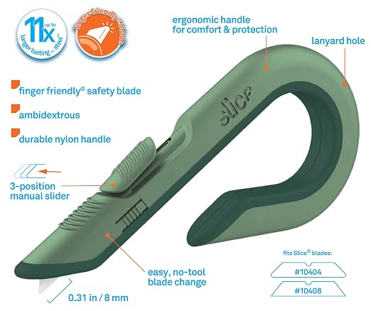 Slice Box Cutter, Heavy Duty Utility Knife, Safe Ceramic Blade Lasting 11x Longer than Metal, Sage, 2 Pack