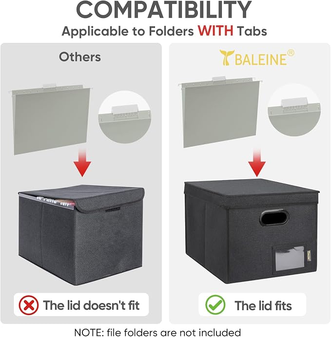 BALEINE File Organizer Box with Lid, Collapsible Hanging File Storage Box | Smooth Plastic Rails, Textured Fabric Exterior, Collapsible Hanging File Folder Box for Office Document Storage