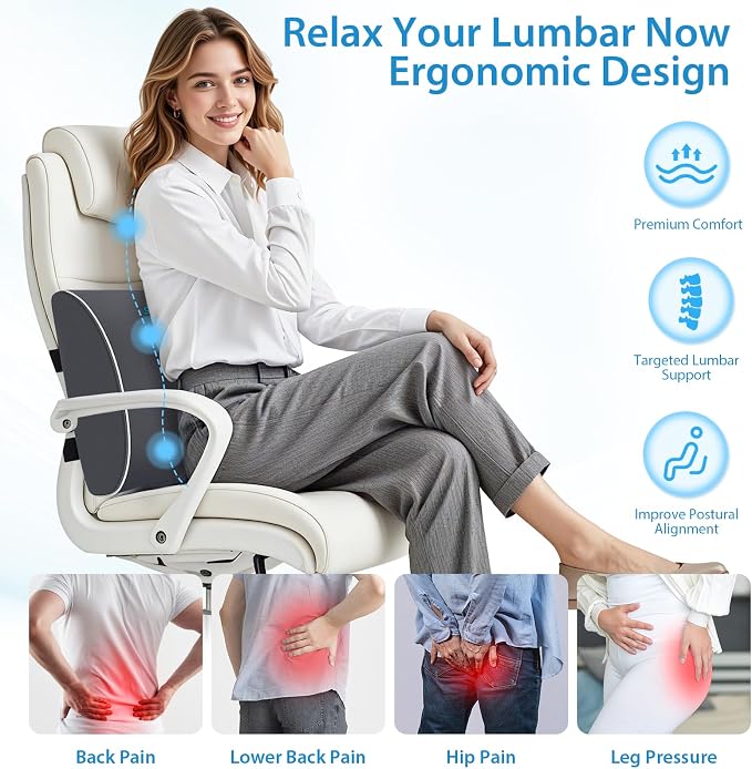 SweetSlubr Lumbar Support Pillow for Office Chair, Car Seats and Home Desks, Ergonomic Back Support with Double Adjustable Straps, Machine Washable Cover, Gray