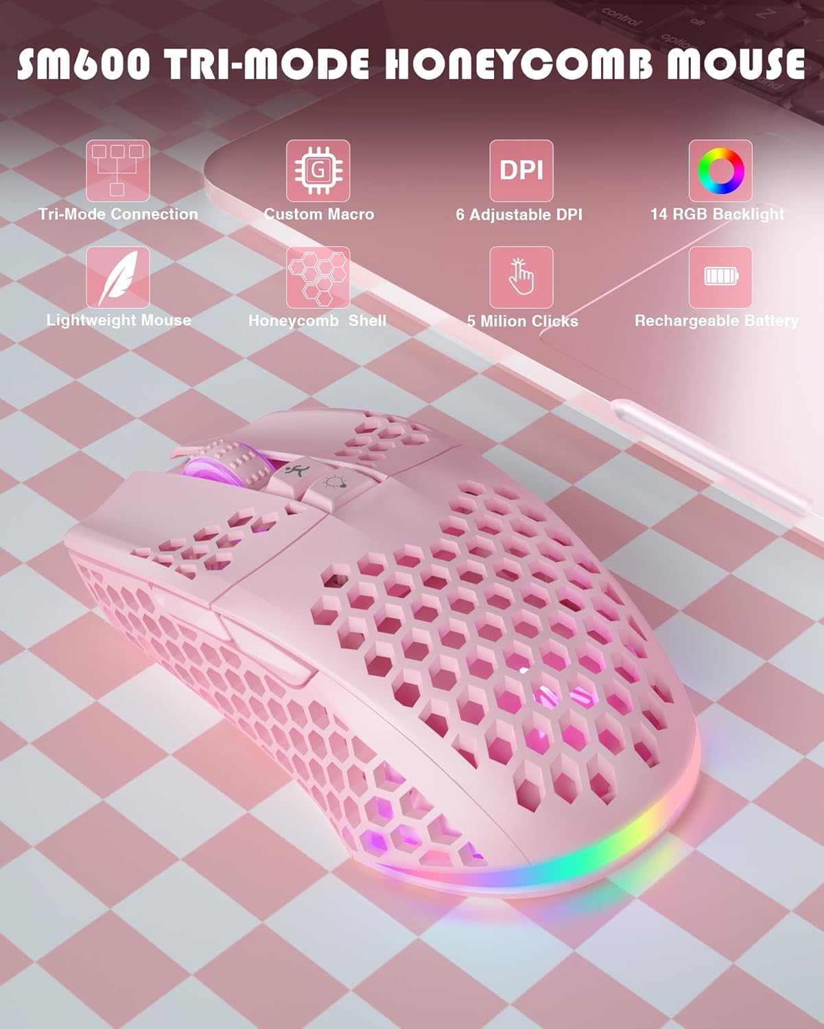 SM600 Pink Wireless Gaming Mouse with Honeycomb Shell, Side Buttons,Tri-Modes(BT5.1+BT5.1+2.4GHz) Lightweight RGB Wireless Mouse for PC/Tablet/Desktop/Office/Games