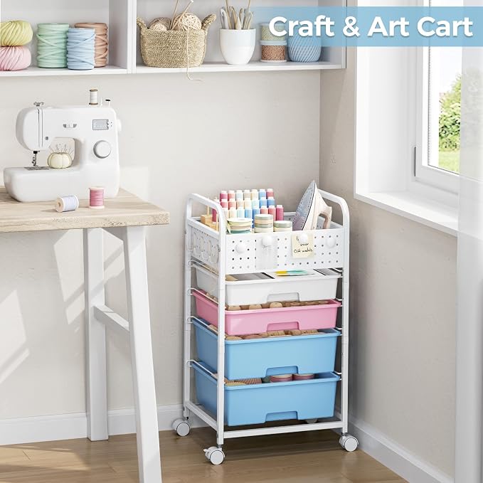 4 Drawer Rolling Storage Cart with Pegboard Top and Hooks, Pink&Blue | Mobile Organizer Cart with Wheels for Office Supplies, Craft Storage, Classroom Organization, Home Utility Cart