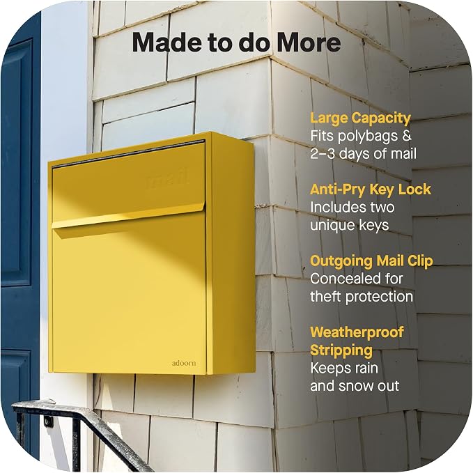Adoorn Lockable Wall Mount Mailboxes for Outside - Large Anti-Theft Locking Mailbox for Letters - Weatherproof Construction - Durable Steel - 18.5" H x 15" L x 7.5" D - Curb Yellow