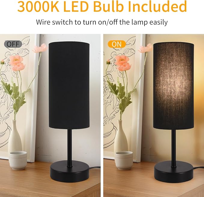 RISLG 2 Pack Table Lamp for Bedroom, Bedside Lamps for Nightstand with Wire Switch, Minimalist Desk Lamps with Linen Fabric Shade for Kids Room Living Room Office Dorm, Bulb Included