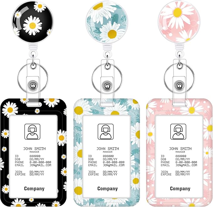 3 Set Daisy ID Badge Holder with Retractable Reel, Retractable ID Badge Holders with Clip Name Badge Holders for Teacher Nurse Doctor Student Office Workers