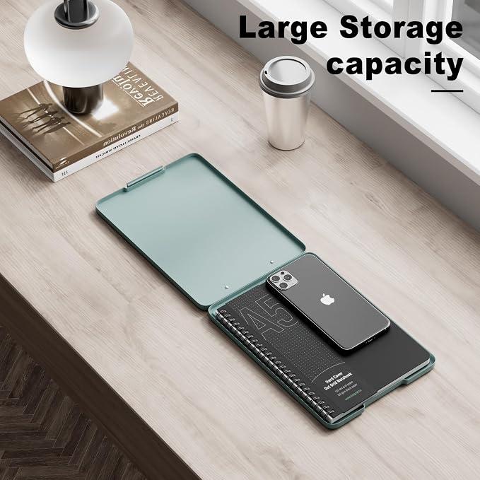 Hongri A5 Clipboard with Storage, Metal Retractable Pen Holder, Dark Green | 6 x 9'' Nursing Plastic Foldable Clip Board, Size 9.4 x 6.1 x 0.9 in, Menu Box for Work, Office & School Supplies
