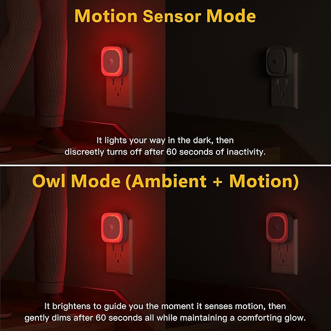 YUNLEX 2 Pack Plug in Red Night Light with Motion Sensor & Dusk to Dawn Sensor, Soft Glow, 0% Blue Light, Dimmable, Auto On/Off, 3 in 1 LED Lights for Bedroom, Kids, Bathroom, Hallway
