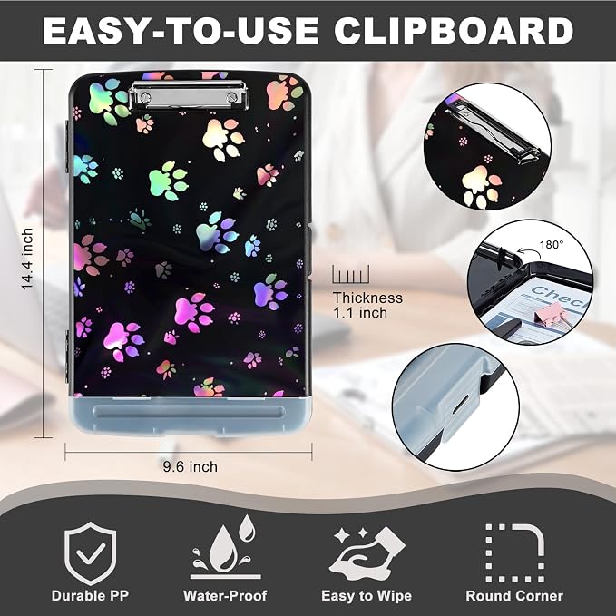 Clipboard with Storage,Storage Clipboard with Pen Holder,Heavy Duty Plastic Storage Clipboard with Low Profile Clip,Teacher Must Haves,Clipboard Folder,Office Supplies,Color Dog Paw -1347