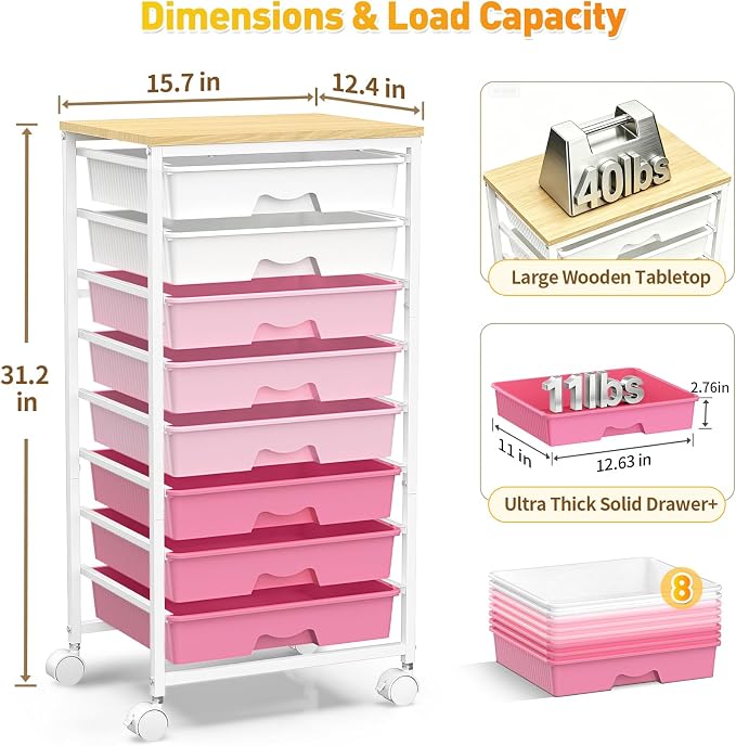 SUNALLY Rolling Cart With 8 Drawers, Storage Drawer Cart for Craft Art,Pink | Storage Utility Cart with Wooden Tabletop & 2 Lockable Wheels, Teacher Storage Cart for Classroom School Storage, Makeup,Nail